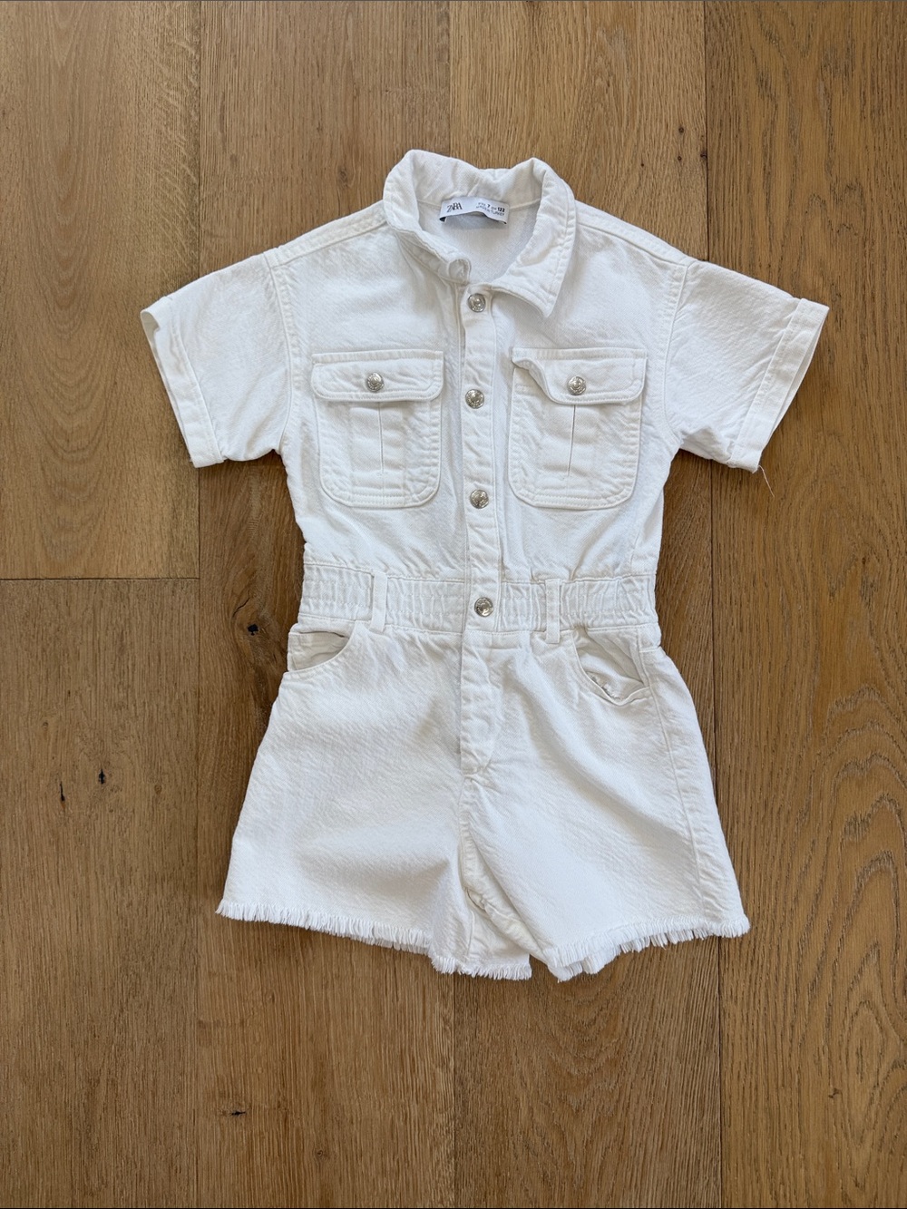 Zara White Short-Sleeve Denim Romper with Utility Pockets